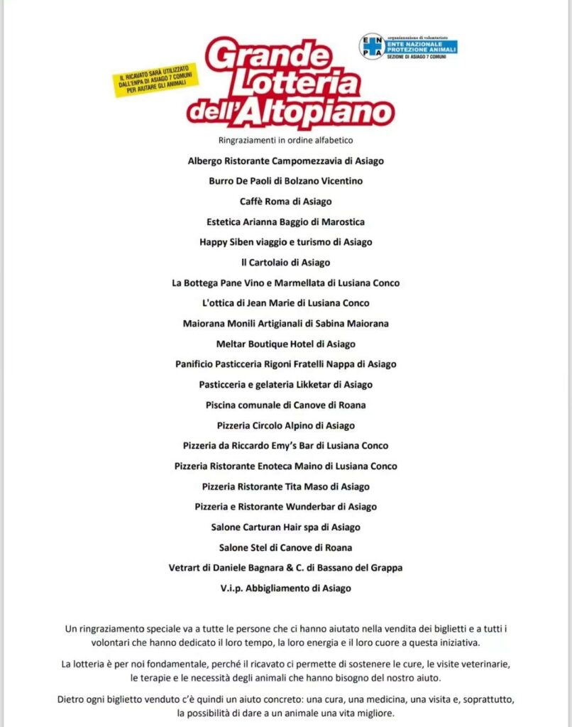 Ringraziamenti Lotteria 2026